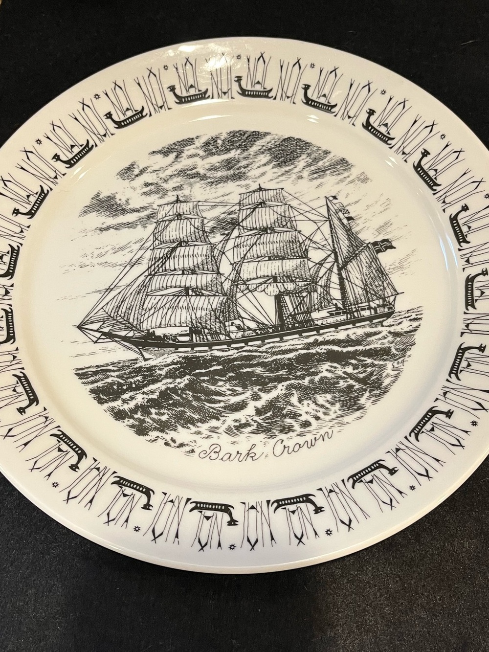 Vintage Barque Crown Tall Ship 10” Dinner Plate - Black on Cream / Off White
